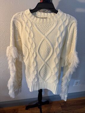 Cream Cable Knit Feather-Trim Sweater